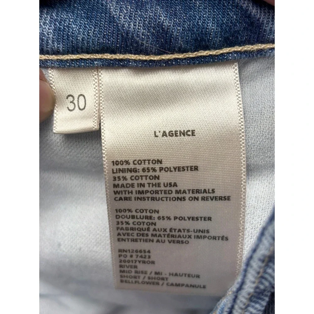L'AGENCE Bellflower Mid Rise Long Denim Shorts River Blue Raw Hem Womens 30x9